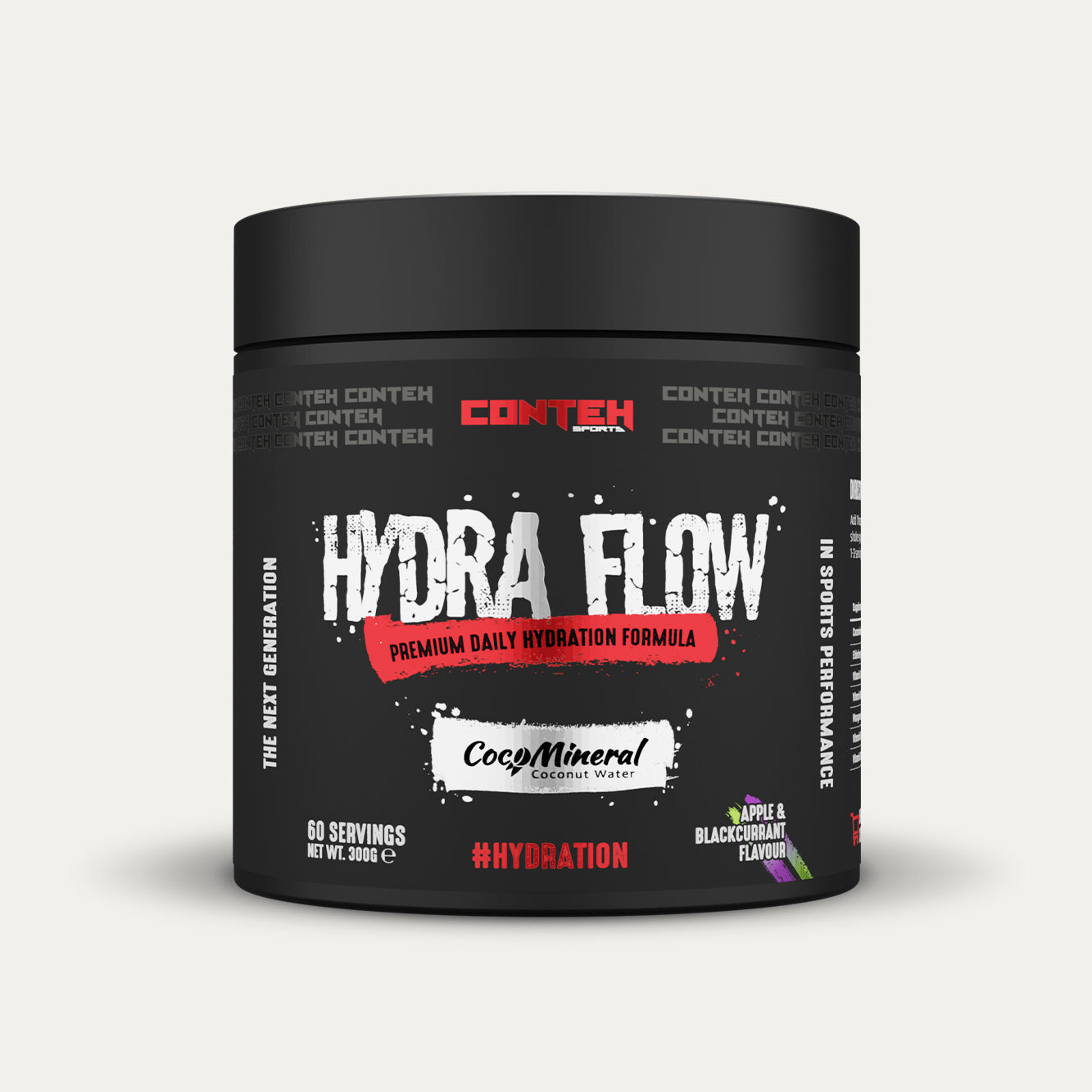 Conteh Sports Hydra Flow 300g Apple & Blackcurrant front-facing tub