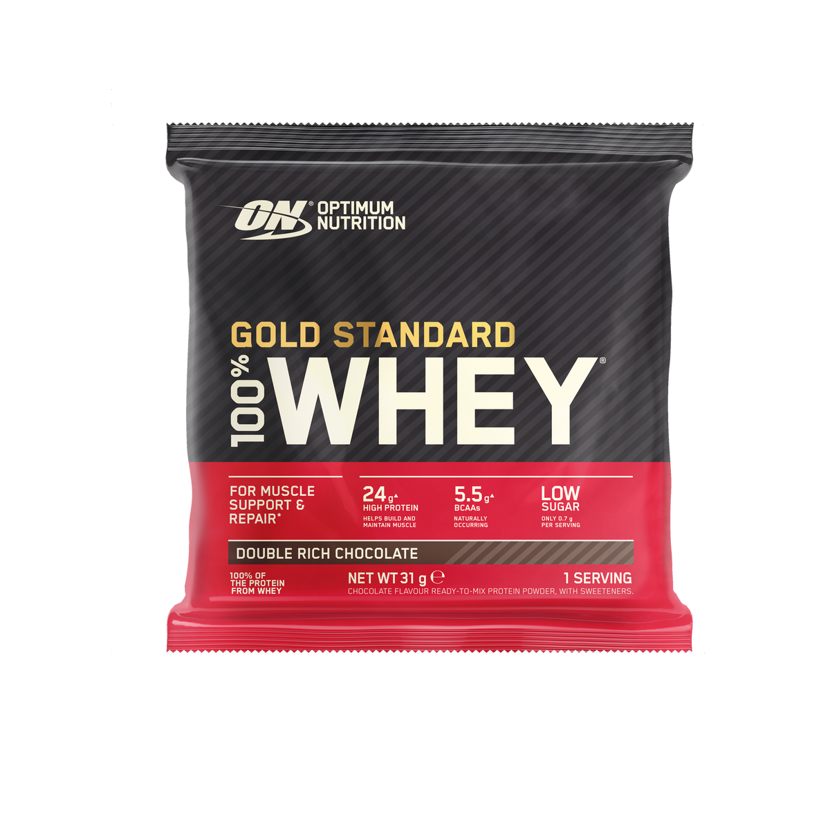 Optimum Nutrition Gold Standard 100% Whey Double Rich Chocolate 31g sachet – front packaging; sold as a box of 24 sachets