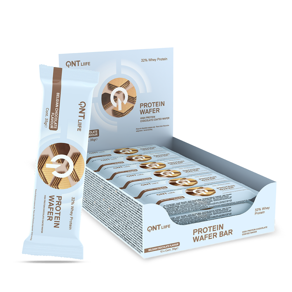 QNT Life Belgian Chocolate Protein Wafer display box 12 individually wrapped 35g bars