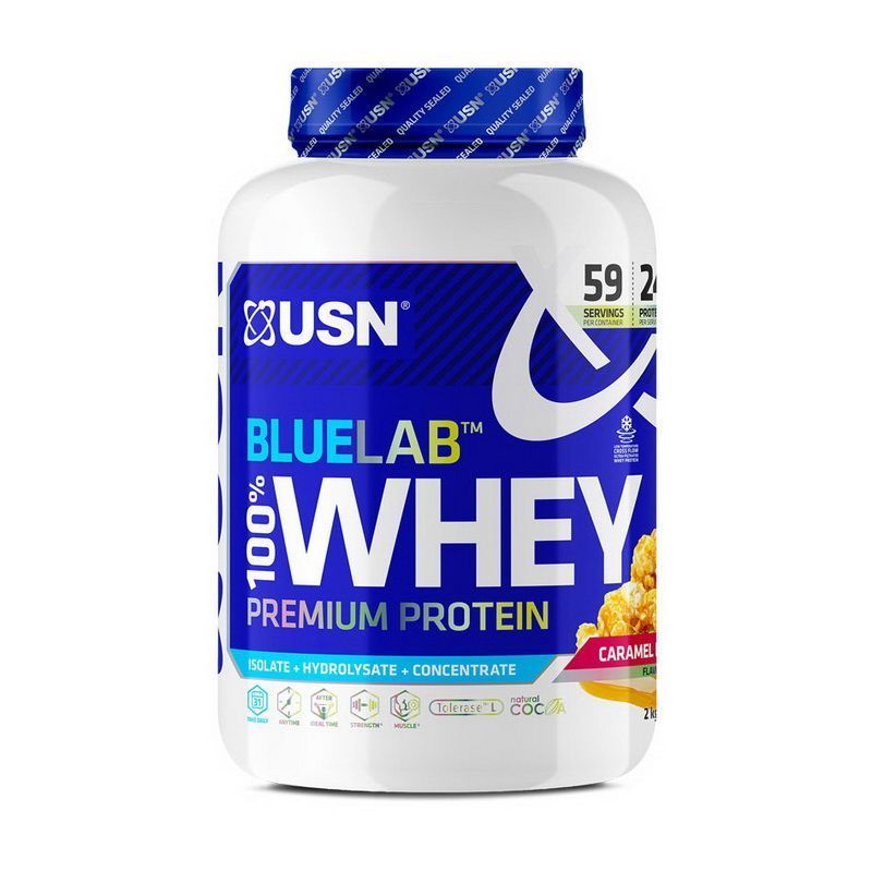 USN BlueLab Whey 2kg Caramel Popcorn flavour, front-facing tub