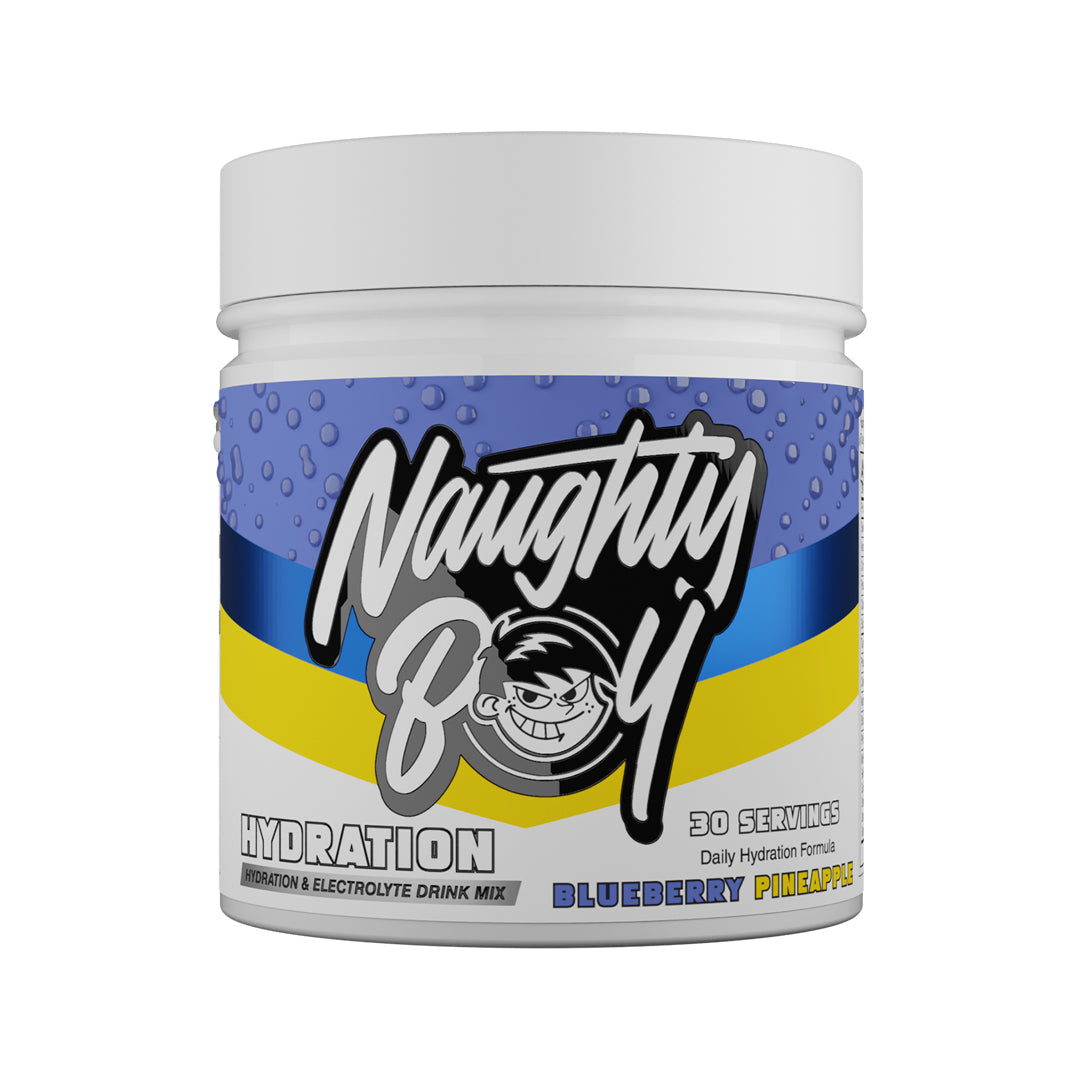 Naughty Boy Hydration 255g Blueberry Pineapple — manufacturer front-facing 30-serving tub