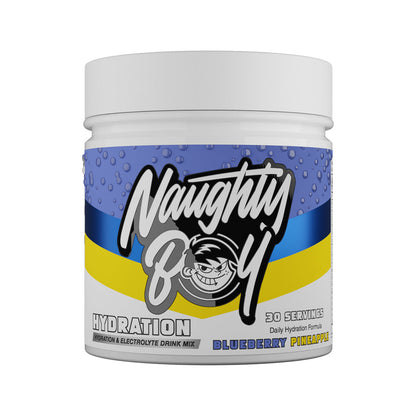Naughty Boy Hydration 255g Blueberry Pineapple — manufacturer front-facing 30-serving tub