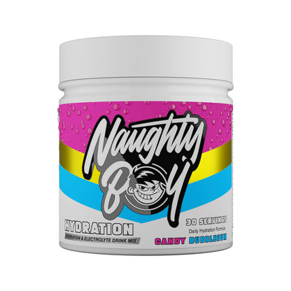 Naughty Boy Hydration 255g Candy Bubblegum — manufacturer front-facing 30-serving tub
