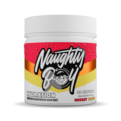 Naughty Boy Hydration 255g Cherry Mango — manufacturer front-facing 30-serving tub