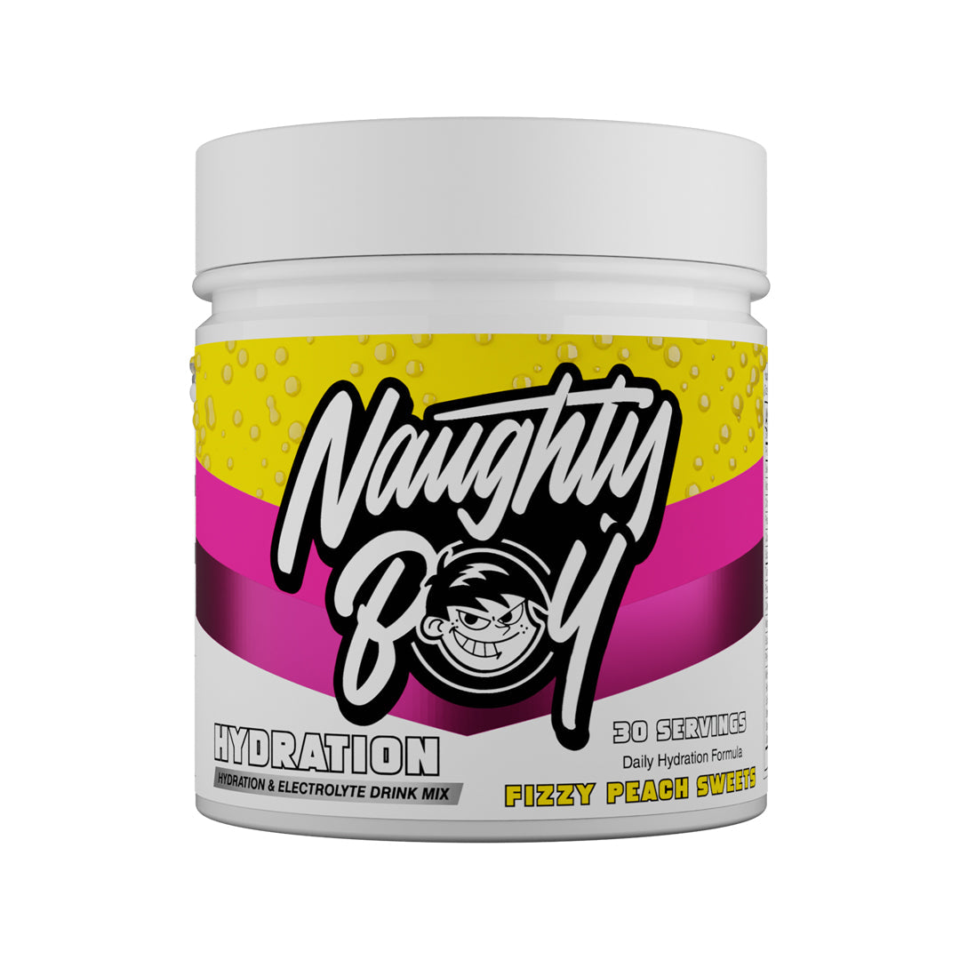 Naughty Boy Hydration 255g Fizzy Peach Sweets — manufacturer front-facing 30-serving tub