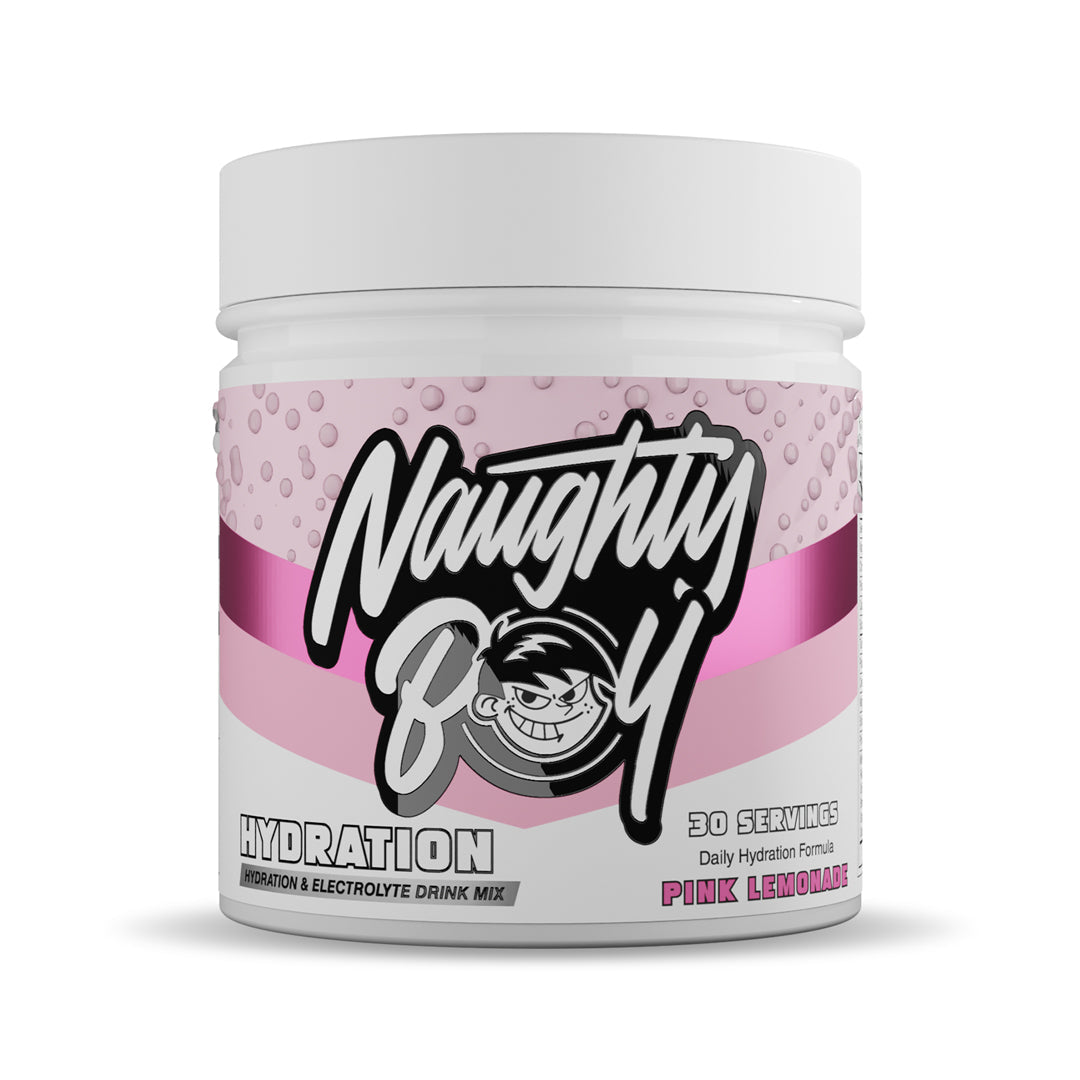 Naughty Boy Hydration 255g Pink Lemonade — manufacturer front-facing 30-serving tub