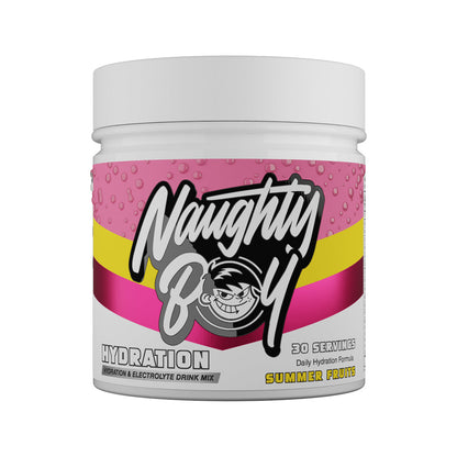 Naughty Boy Hydration 255g Summer Fruits — manufacturer front-facing 30-serving tub