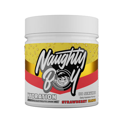 Naughty Boy Hydration 255g Strawberry Mango — manufacturer front-facing 30-serving tub
