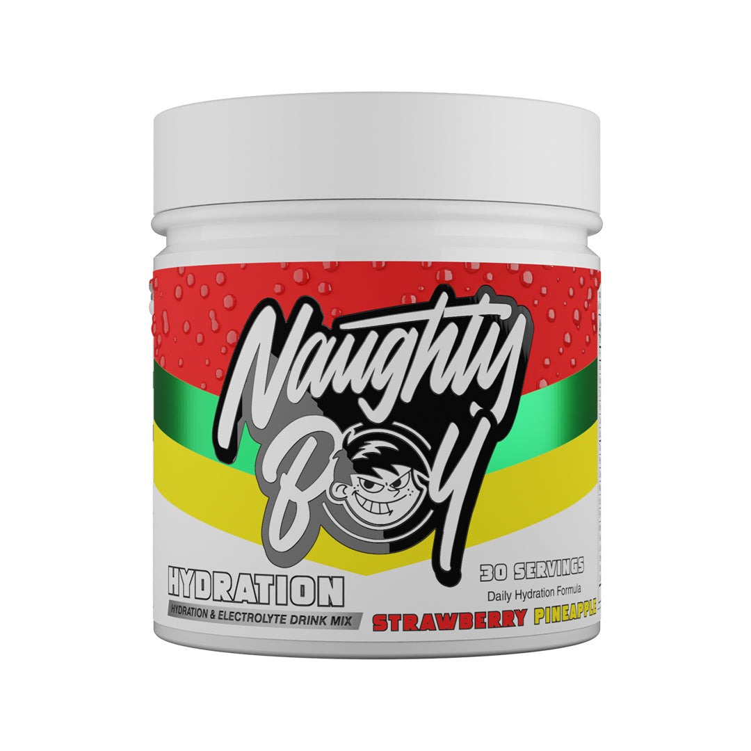 Naughty Boy Hydration 255g Strawberry Pineapple — manufacturer front-facing 30-serving tub