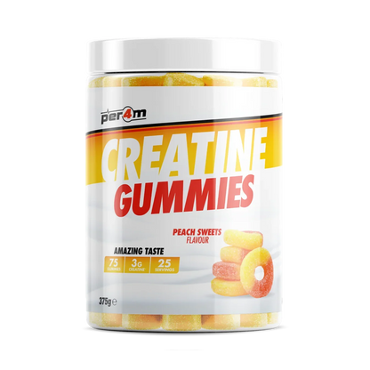 A white plastic tub of Per4m Creatine Gummies in Peach Sweets flavor, featuring a white label with yellow and red text and illustrations of peach gummies, set against a plain white background.