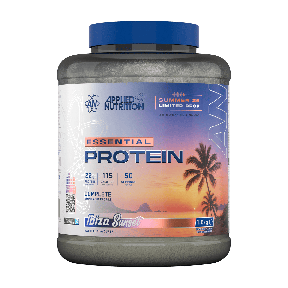 Applied Nutrition Essential Protein 1.6kg Ibiza Sunset front-facing tub