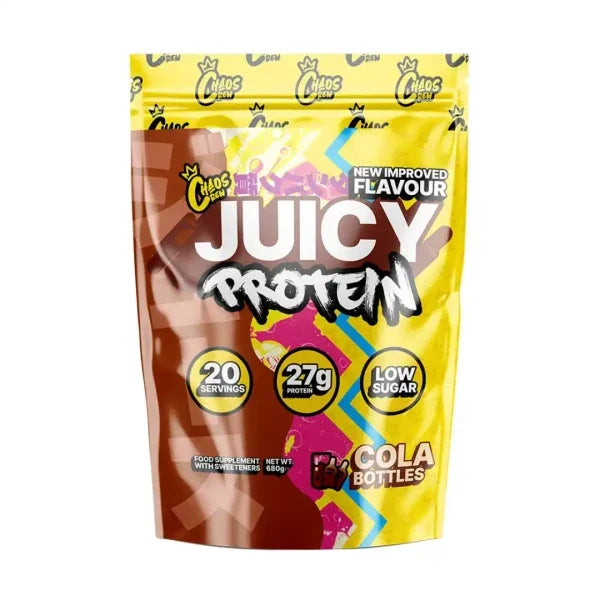 Chaos Crew Juicy Protein 680g Cola Bottles front-facing pouch on white background