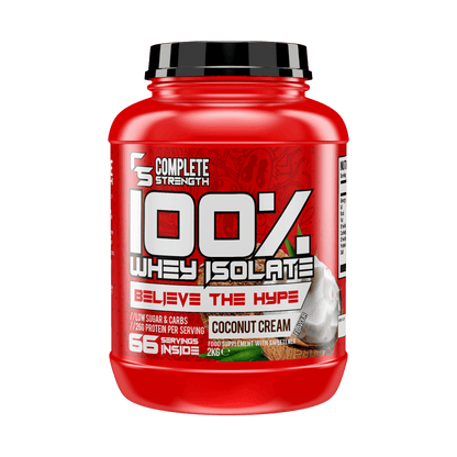 Complete Strength 100% Whey Isolate 2kg – Coconut Cream, front-facing manufacturer tub