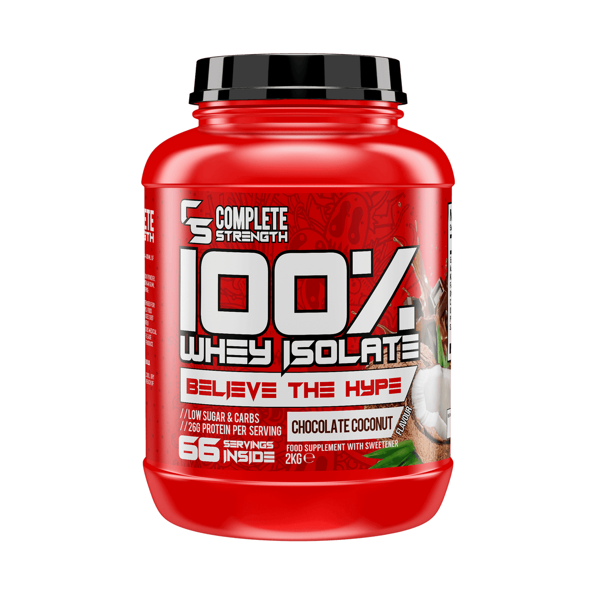 Complete Strength 100% Whey Isolate 2kg – Chocolate Coconut front-facing manufacturer's tub