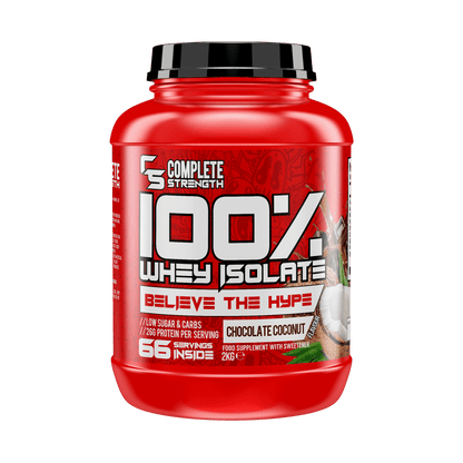 Complete Strength 100% Whey Isolate 2kg – Chocolate Coconut front-facing manufacturer's tub