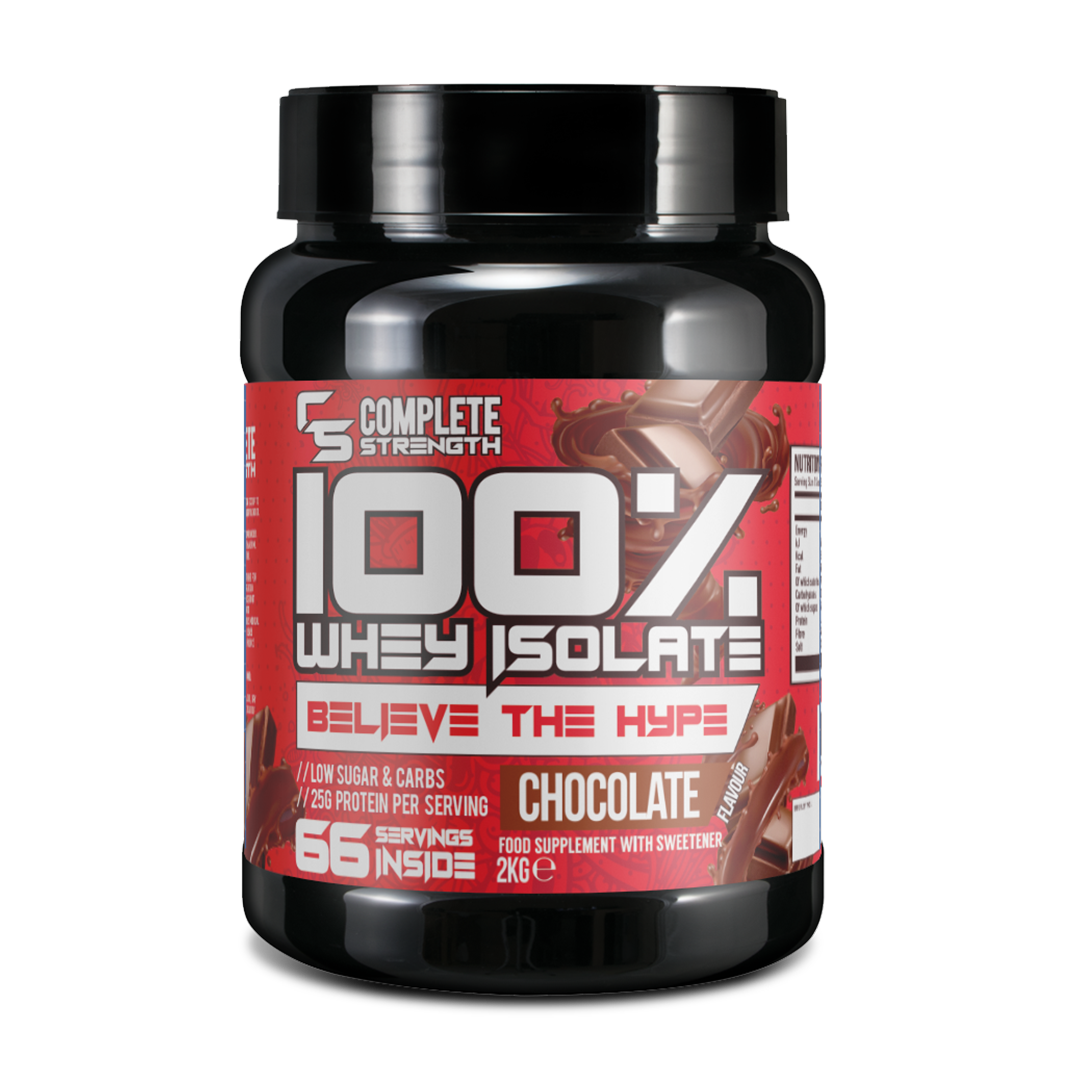 Complete Strength 100% Whey Isolate 2kg – Chocolate front-facing manufacturer's tub