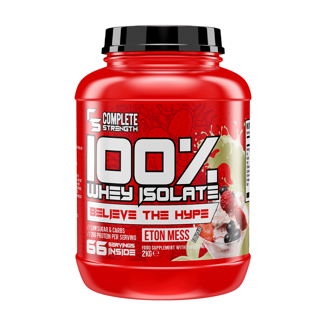 Complete Strength 100% Whey Isolate 2kg – Eton Mess front-facing manufacturer's tub