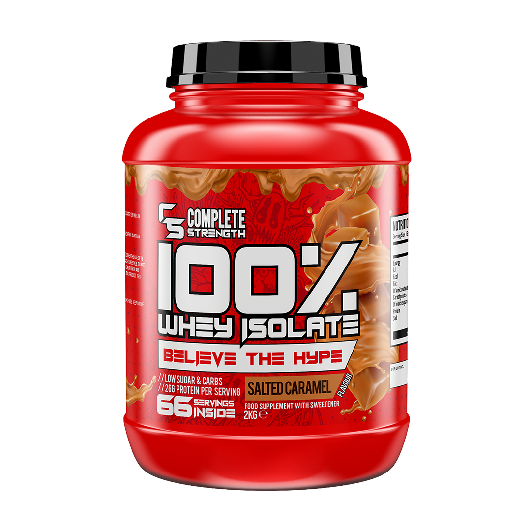 Complete Strength 100% Whey Isolate 2kg – Salted Caramel front-facing manufacturer's tub