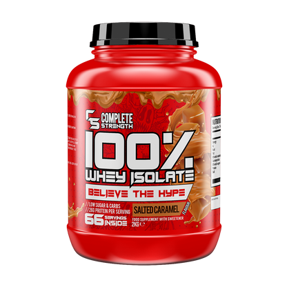 Complete Strength 100% Whey Isolate 2kg – Salted Caramel front-facing manufacturer's tub
