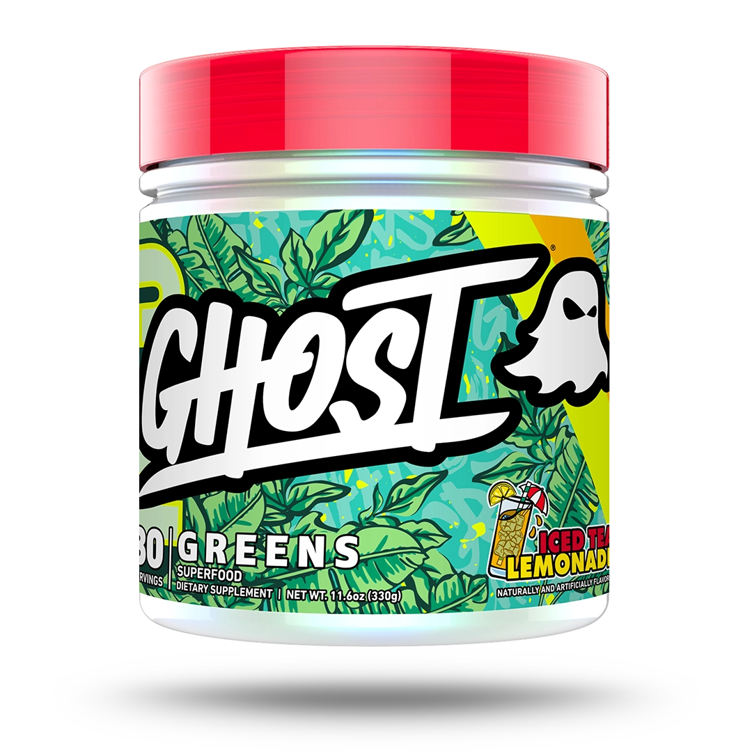 GHOST Greens Iced Tea Lemonade 330g front of tub; photo applies only to Iced Tea Lemonade