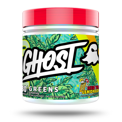GHOST Greens Iced Tea Lemonade 330g front of tub; photo applies only to Iced Tea Lemonade