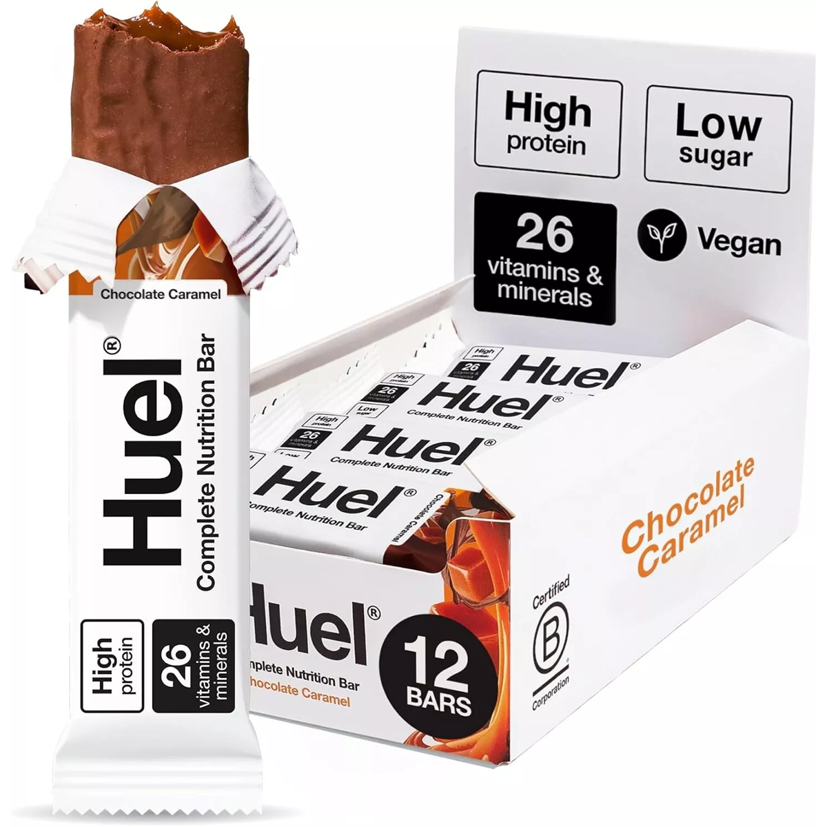 Huel Complete Nutrition Bar Chocolate Caramel 55g branded wrapper; sold as 12 bars
