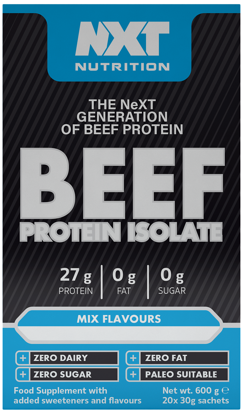 NXT Nutrition Beef Protein Isolate mixed flavours 20 x 30g sachets box front