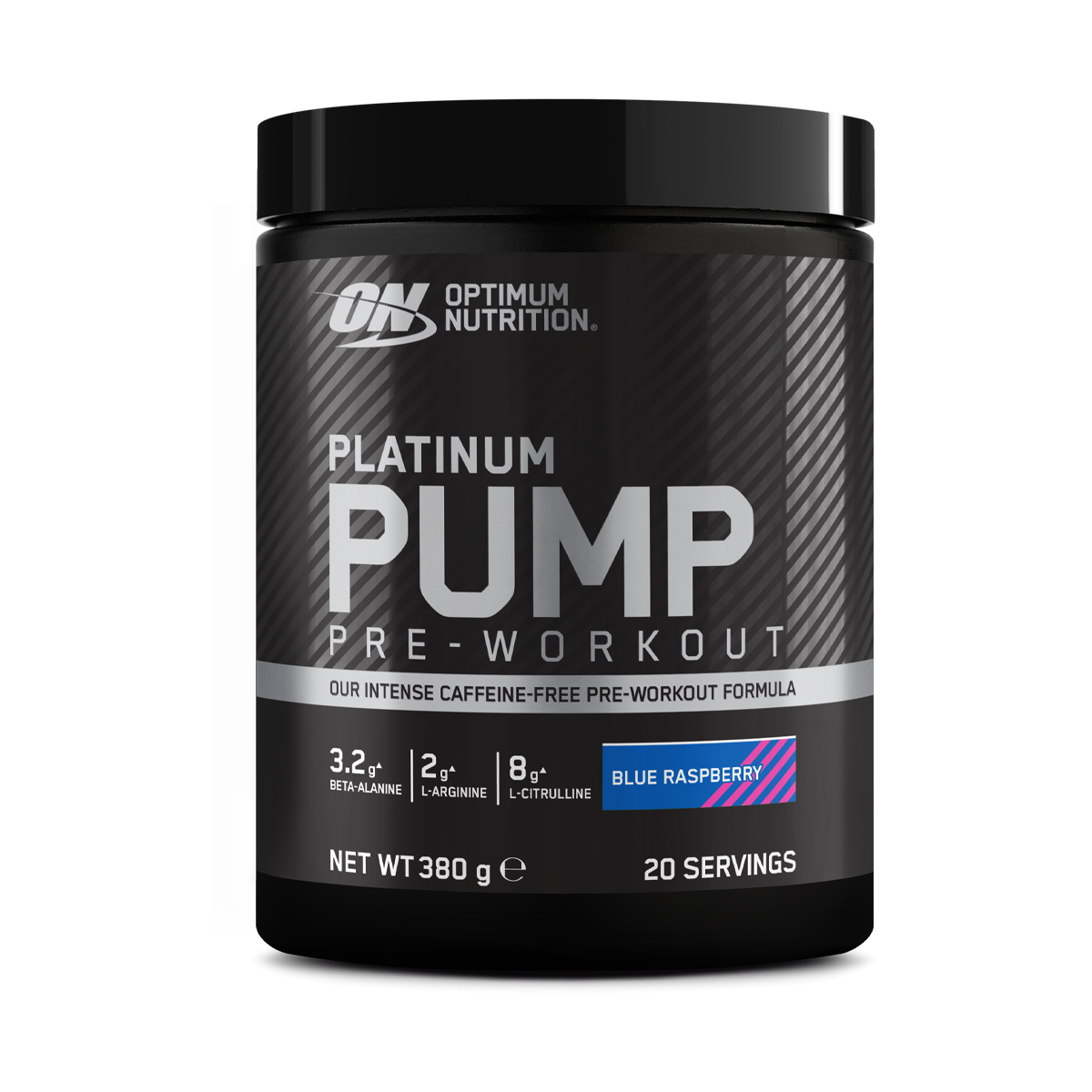 Optimum Nutrition Platinum Pump Blue Raspberry 380g front tub
