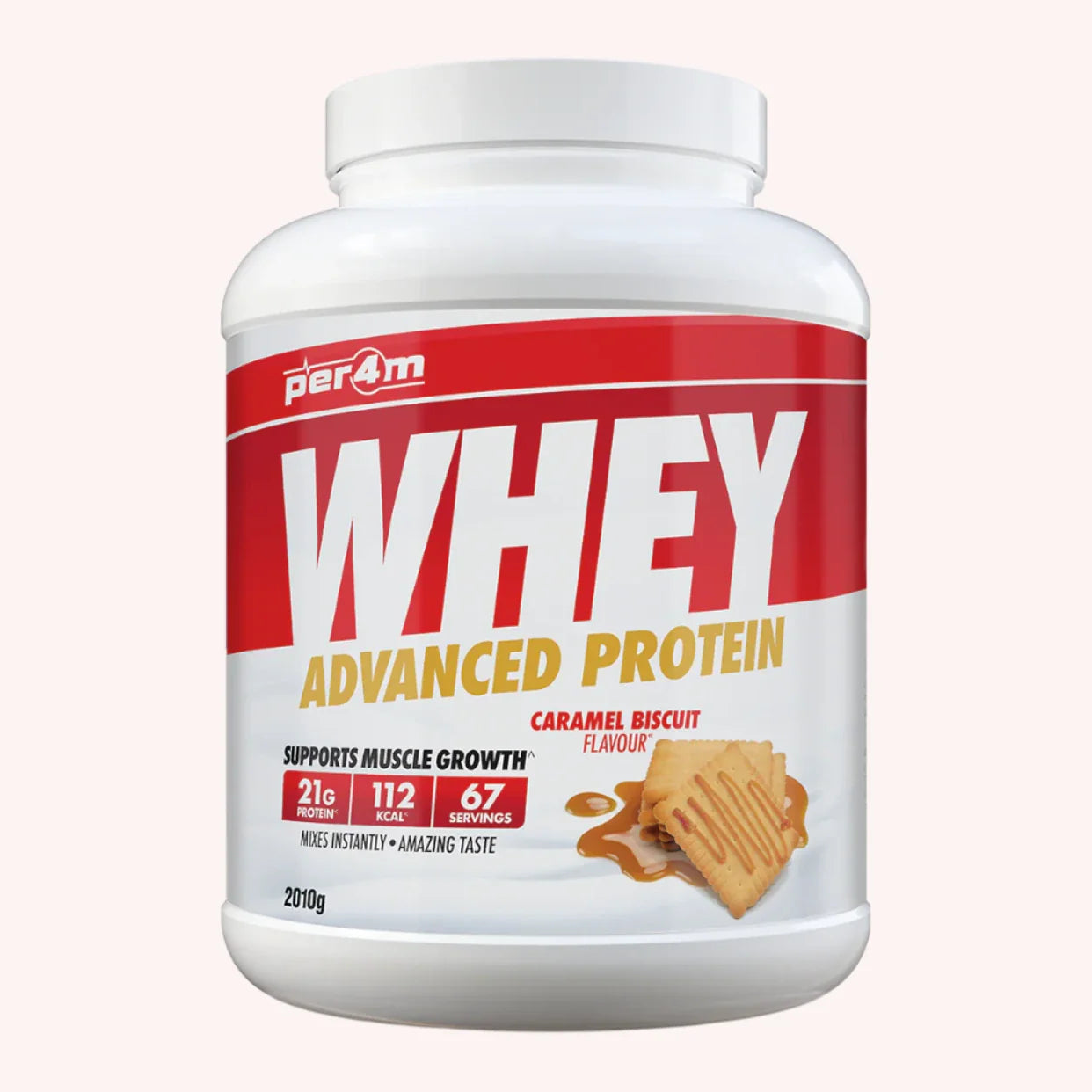 Per4m Advanced Whey Protein 2.01kg Caramel Biscuit front-facing original tub