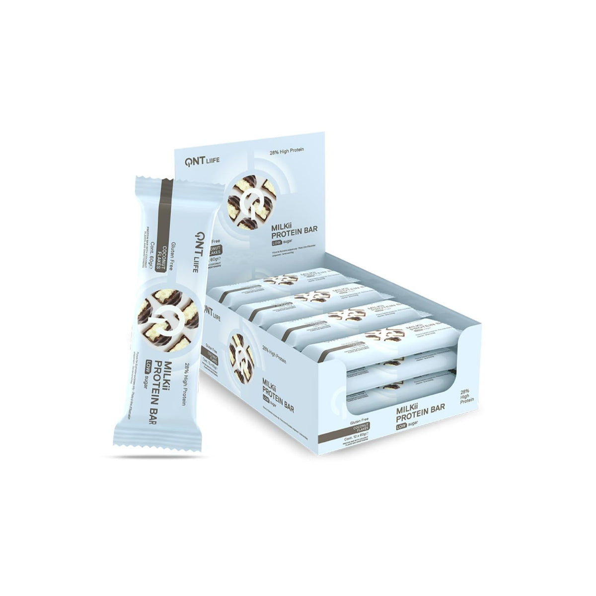 QNT Milkii Protein Bar Chocolate Coconut 12 x 60g display box