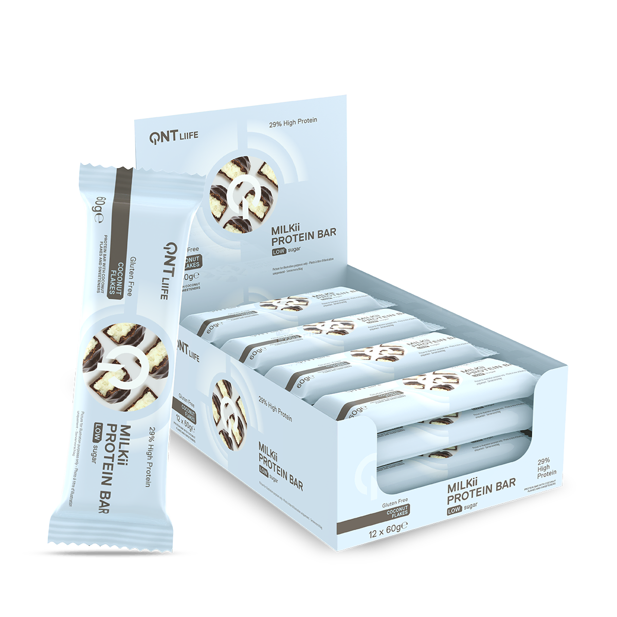 QNT Milkii Protein Bar Chocolate and Coconut Flakes 12 x 60g manufacturer display box and bar