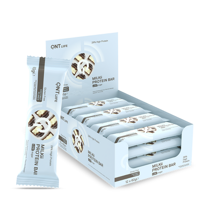 QNT Milkii Protein Bar Chocolate and Coconut Flakes 12 x 60g manufacturer display box and bar