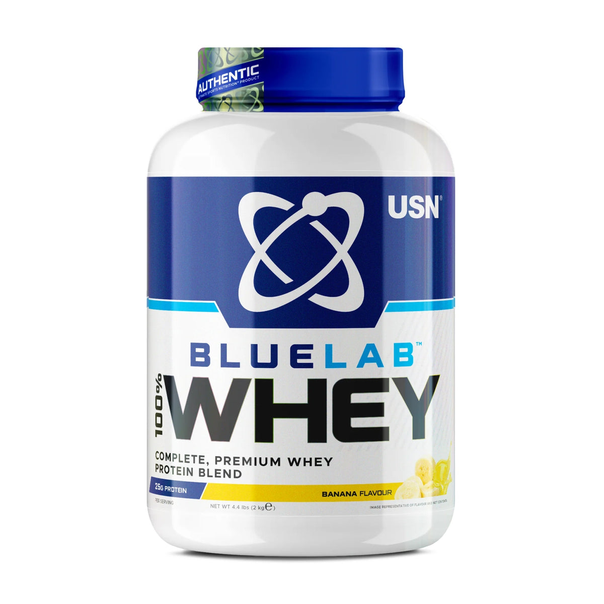 USN BlueLab Whey 2kg Banana front-facing tub