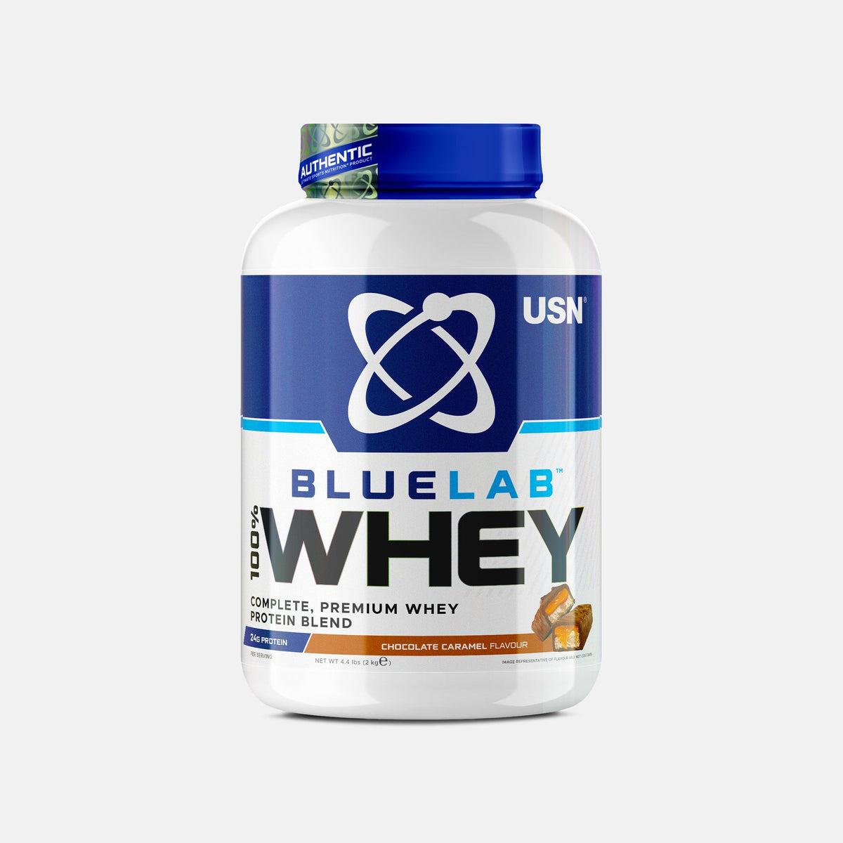 USN BlueLab Whey 2kg Caramel Chocolate front-facing tub