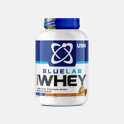 USN BlueLab Whey 2kg Caramel Chocolate front-facing tub